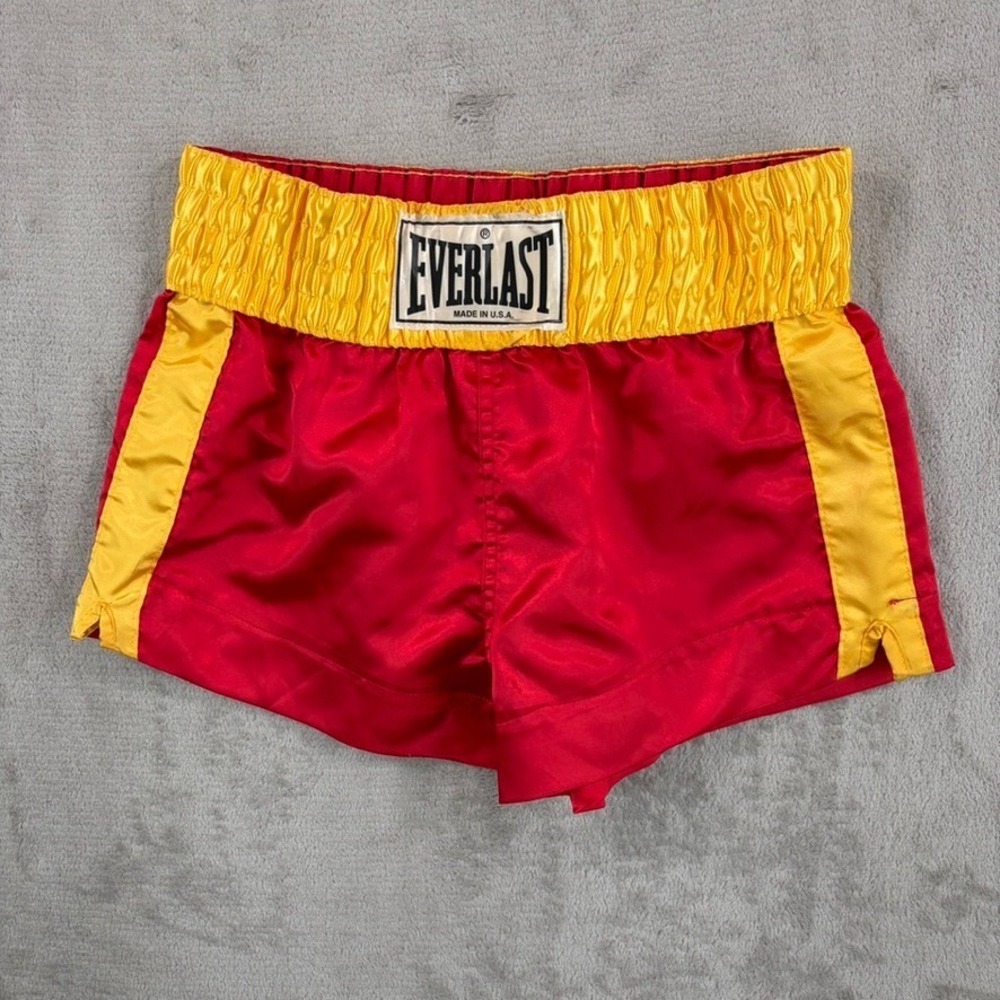 Vintage Everlast Boxing Shorts Men Small Red Yellow Satin Trunks Made USA 90 80